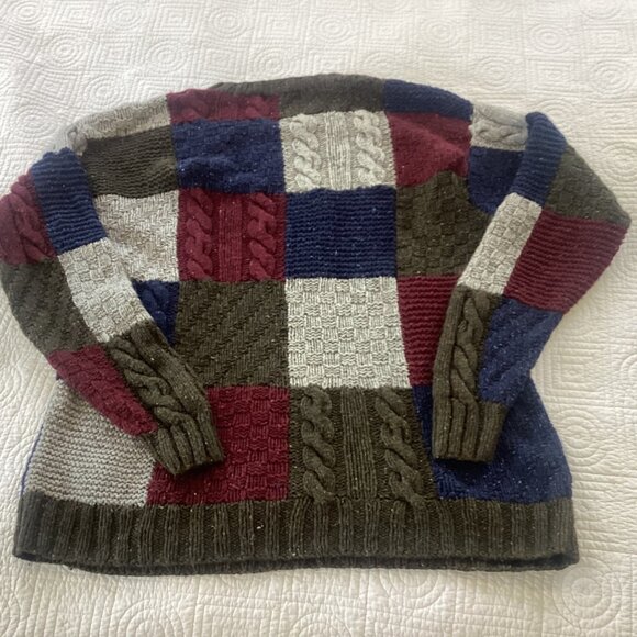 Vtg Orvis Patchwork Wool & Cashmere Blend Cable Knit Sweater XL Color Blocks - Picture 2 of 11